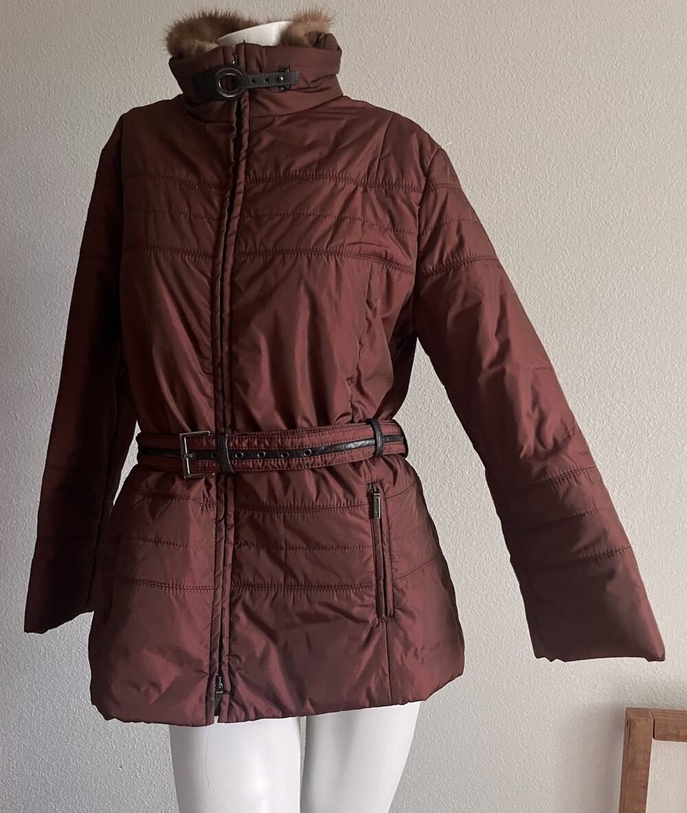 Mabrun Italy Women's 46 Brown Belted High Neck Jacket Removable Fur Collar